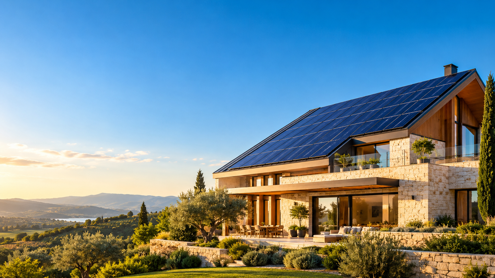 Casa contemporanea con un tetto fotovoltaico illuminato dal sole